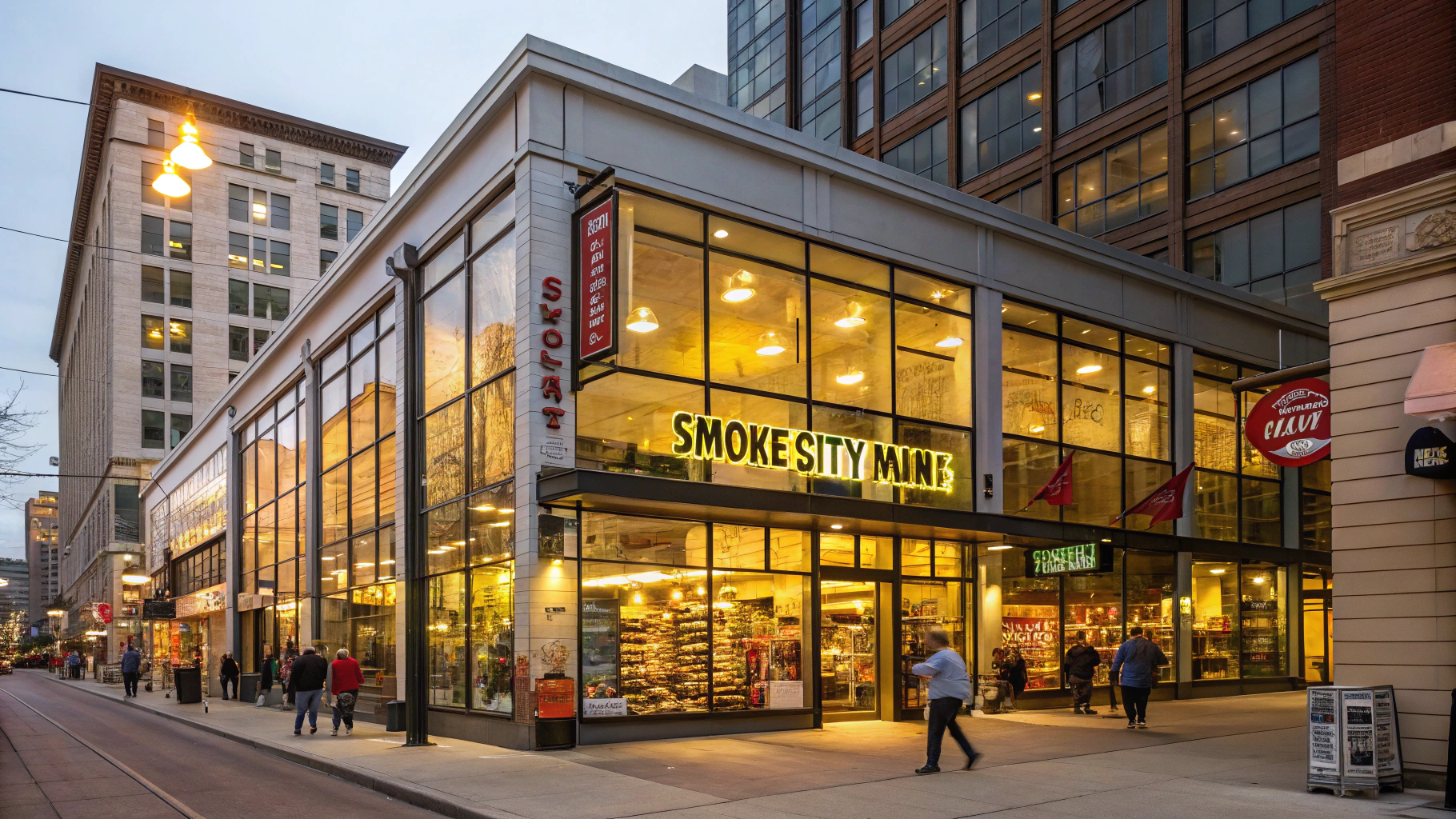 Crystal Smoke & Convenience storefront illuminated at night